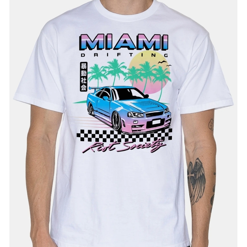 Riot Society Miami Drifting White Graphic‎ Tee Sz XL